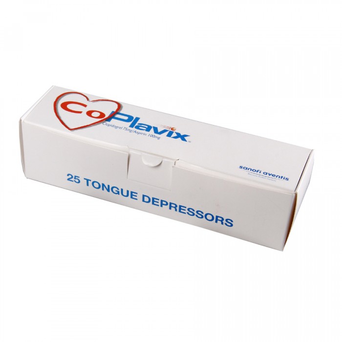 Box with individually wrapped and printed tongue depressors